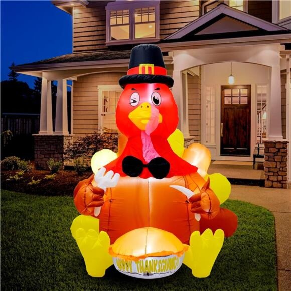 6FT Thanksgiving Inflatable Turkey with 7 Build in LED Blow up Decoration - Picture 2 of 6